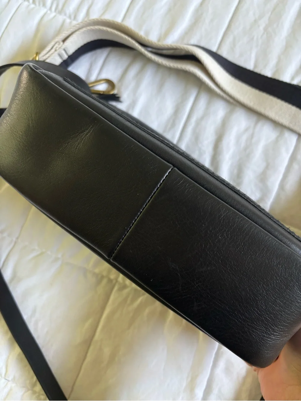 Madewell Black Leather Crossbody with Striped Canvas Strap